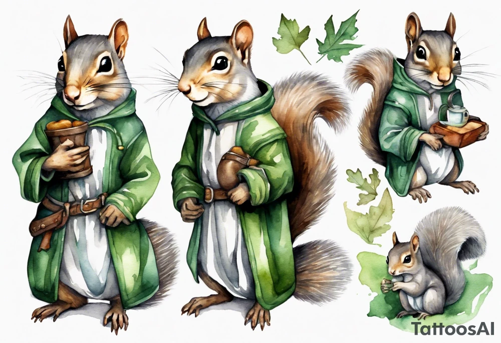 a grey squirrel dressed in a grey and green tunic wearing a medieval messenger bag tattoo idea