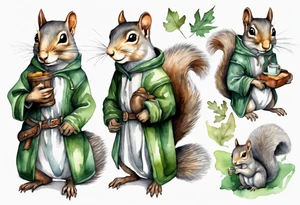 a grey squirrel dressed in a grey and green tunic wearing a medieval messenger bag tattoo idea