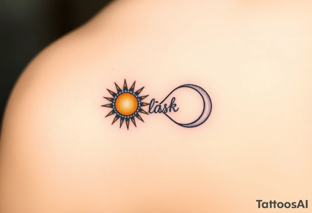 A moon-and-sun-themed infinity symbol, where one side features a golden sun and the other a silvery crescent moon, with the word "láska" written in between tattoo idea
