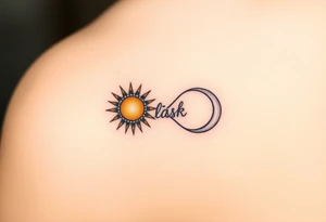 A moon-and-sun-themed infinity symbol, where one side features a golden sun and the other a silvery crescent moon, with the word "láska" written in between tattoo idea