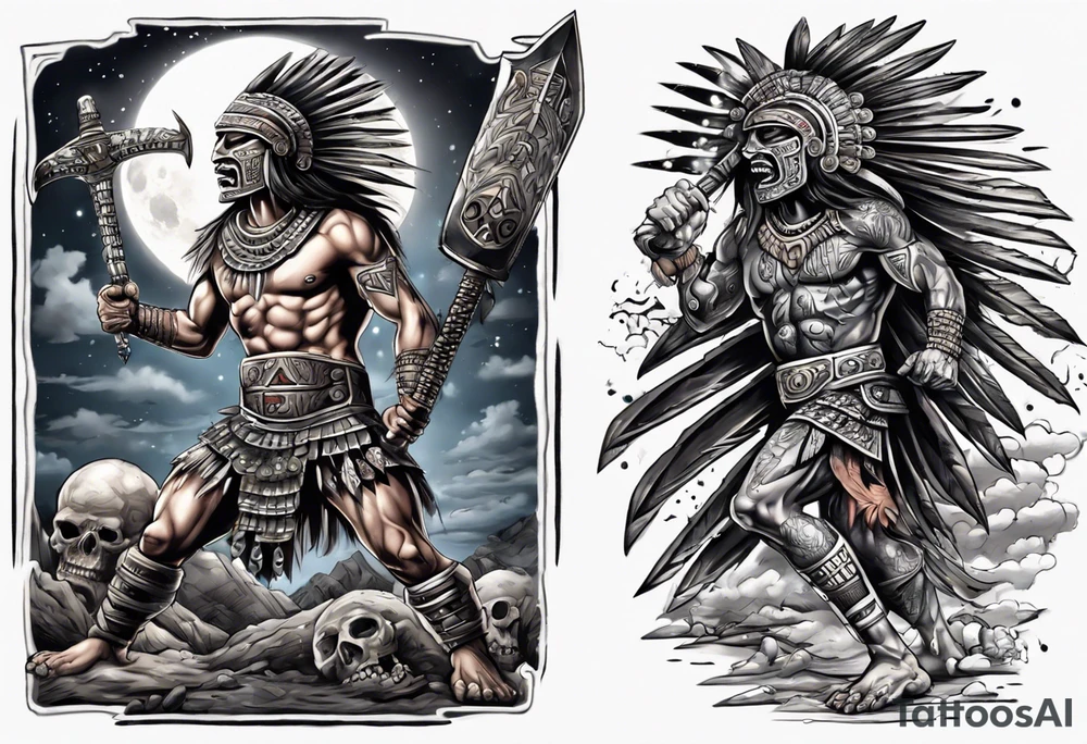 Aztec warrior with a spiked obsidian sword fighting against the god of death at night with moonlight skies tattoo idea