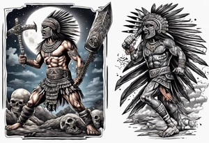 Aztec warrior with a spiked obsidian sword fighting against the god of death at night with moonlight skies tattoo idea