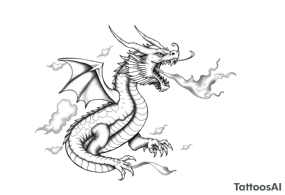 fierce dragon breathing iridescent fire against stormy skies tattoo idea