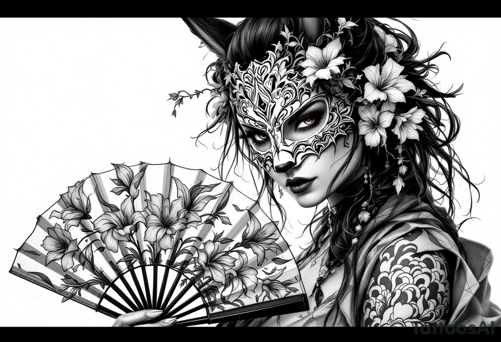 japanese samurai woman wearing a kitsune half-mask and  holding a fan with irises flowers tattoo idea