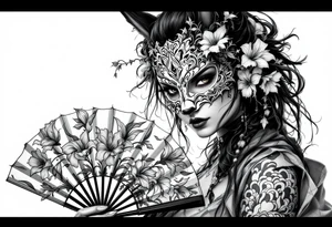 japanese samurai woman wearing a kitsune half-mask and  holding a fan with irises flowers tattoo idea