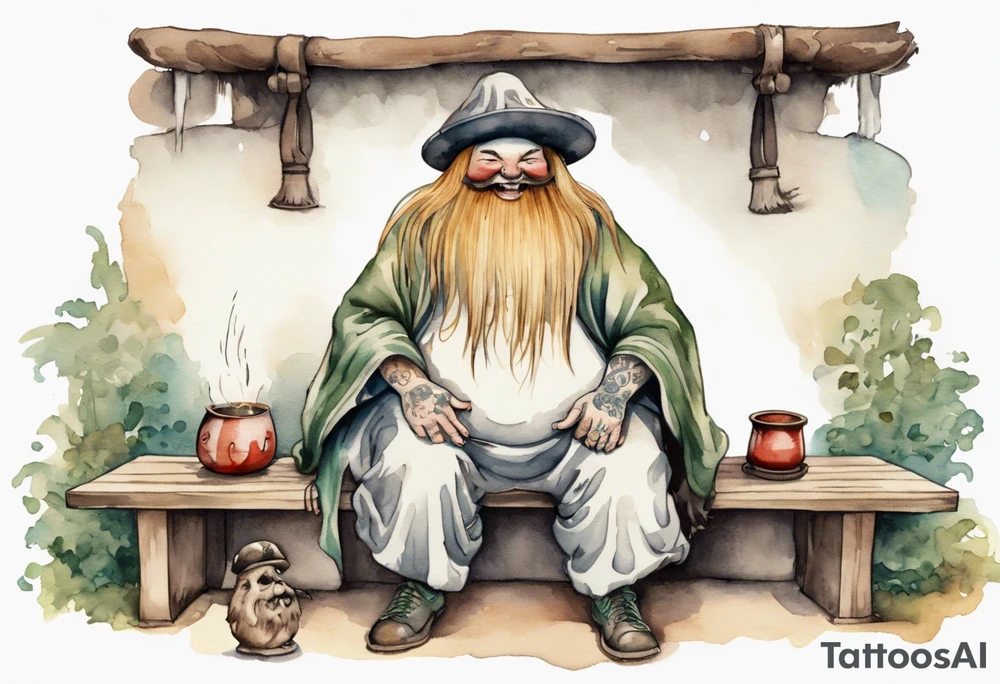 fat cousin it wearing a mushroom hat and medieval tunic sitting on a bench by a fireplace drinking from a wood cup, laughing tattoo idea