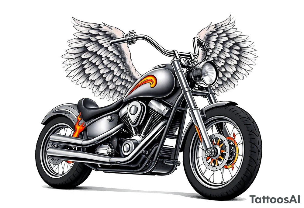 Low rider grey motorcycle, big muffler pipes with flames, angel wings tattoo idea