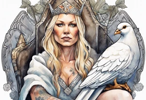 a 45-year-old Viking queen with blonde hair wearing a white fur cloak sitting on a throne with a dove on her shoulder tattoo idea