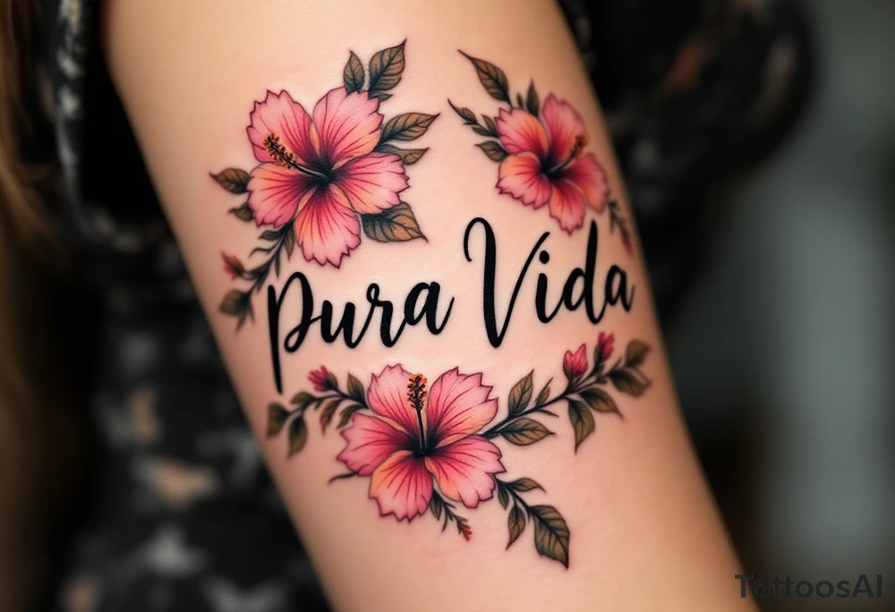 "Pura Vida” in elegant black script wrapped with tropical hibiscus flowers in shades of pink and coral. tattoo idea