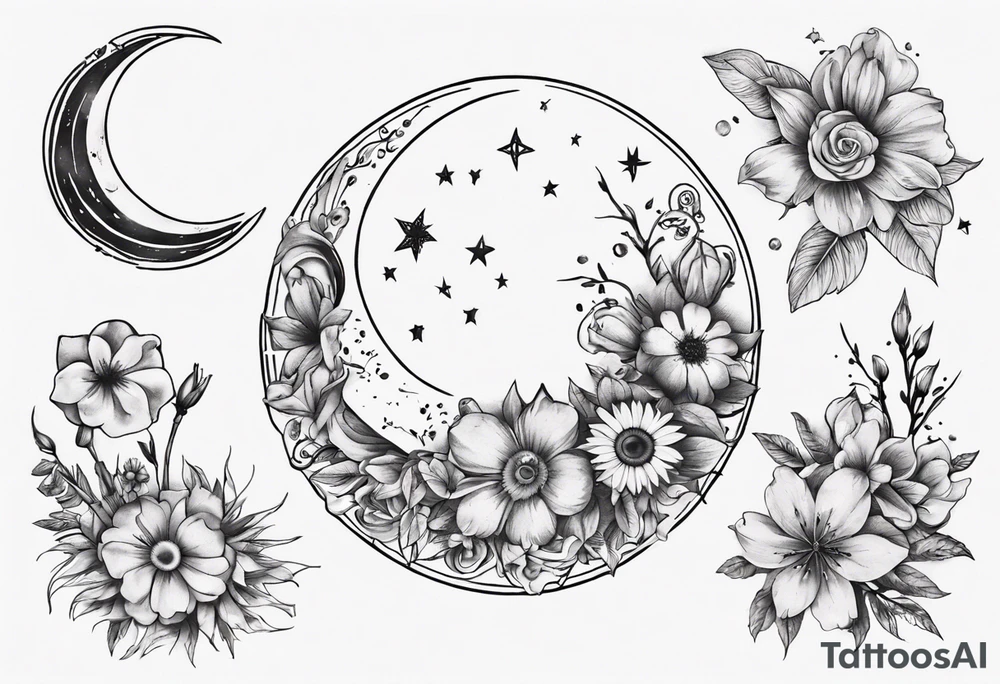 moon with flowers around it tattoo idea