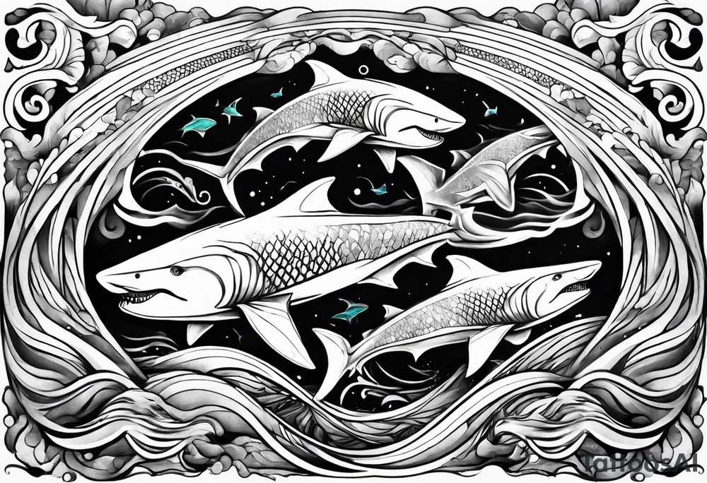 Pisces tattoo with sharks surrounding it in waves tattoo idea