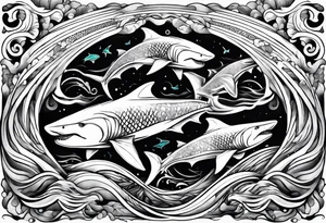 Pisces tattoo with sharks surrounding it in waves tattoo idea
