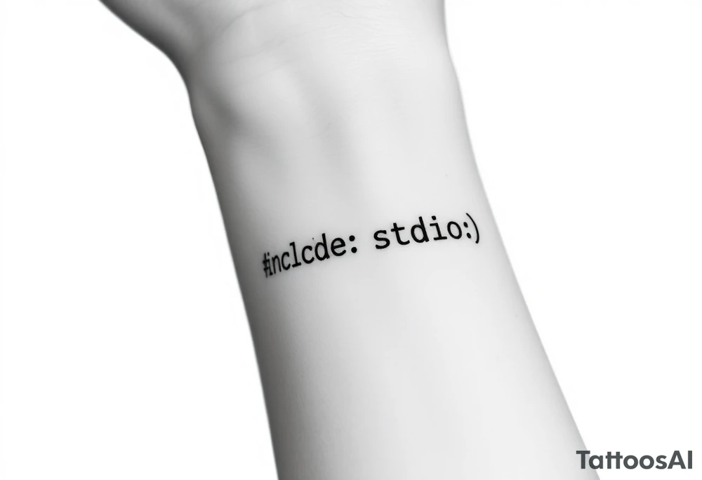 Minimalist black tattoo of the text "#include <stdio.h>" on a human wrist. Clean monospace font (programming style), thin lines, sharp and precise lettering. No colors, only solid black ink. Realistic skin texture, natural wrist curvature, subtle lighting. Simple and elegant composition, no additional elements or decorations. Focus on clarity and readability of the code text. tattoo idea