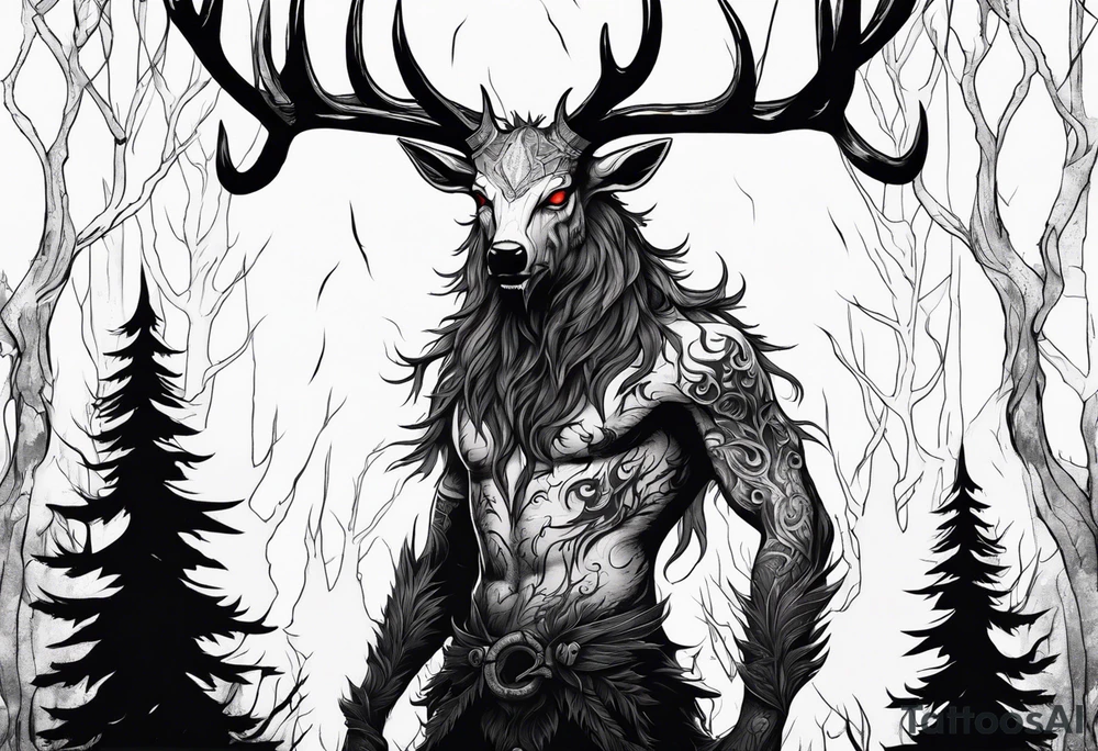 A spooky decaying lore accurate wendigo surrounded by a forest fire in background tattoo idea