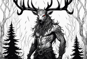 A spooky decaying lore accurate wendigo surrounded by a forest fire in background tattoo idea