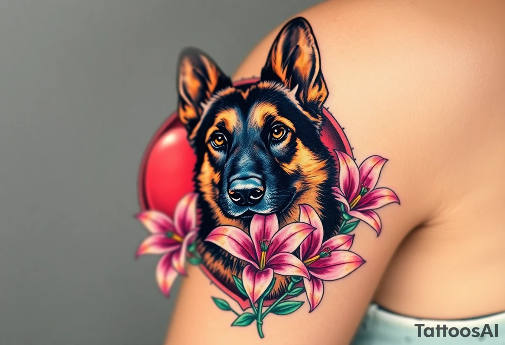 realistic german shepherd with alert ears looking protective with pink lilies in front of a sacred heart tattoo idea