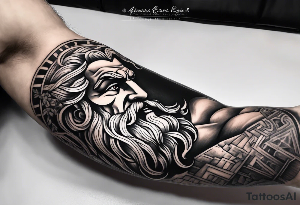 Full right arm tattoo sleeve with the Greek god Zeus tattoo idea