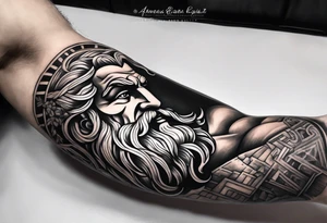 Full right arm tattoo sleeve with the Greek god Zeus tattoo idea