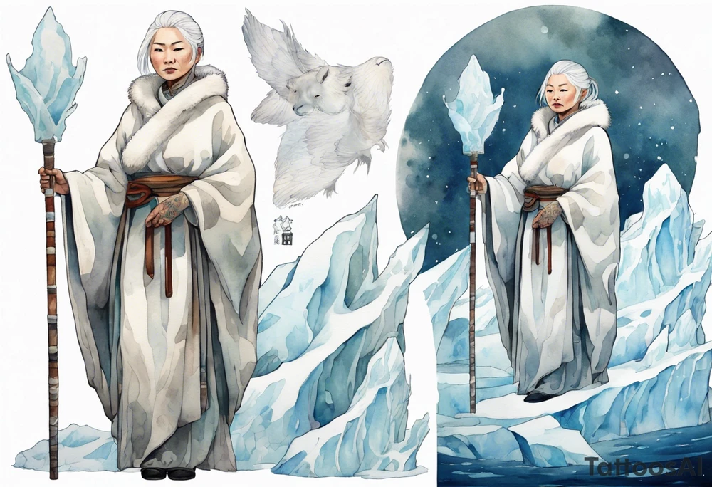 a 40 year old Inuit woman with white hair and a white robe holding a white staff, standing on an iceberg tattoo idea