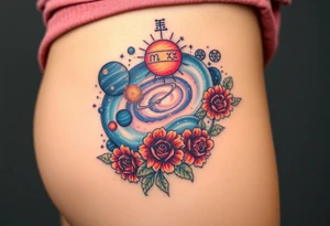 Milky way galaxy .. planets with zodiac symbols and protection runes with red roses and sunflowers tattoo idea