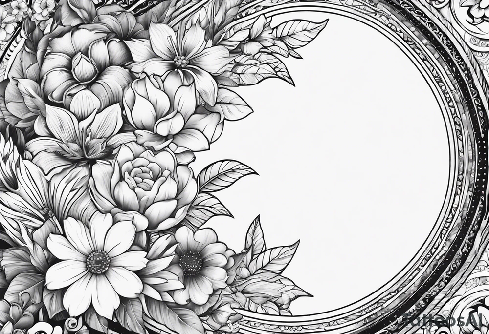 Round boarder completely empty inside surrounded by flowers tattoo idea