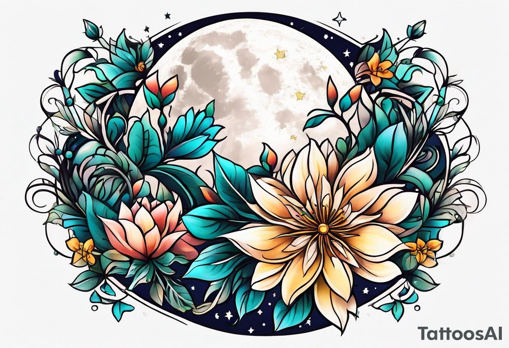 Moon stars flowers tattoo idea