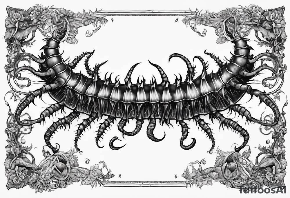 medieval centipede bony exposed bone rotting flesh
 with a fine point and sketch style tattoo idea