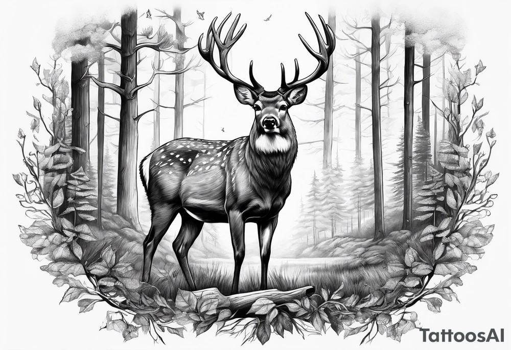 Deer in wood with big rack tattoo idea