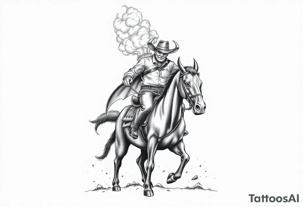 demon cowboy on a horse, against a volcanic eruption. tattoo idea