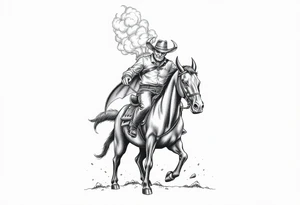 demon cowboy on a horse, against a volcanic eruption. tattoo idea