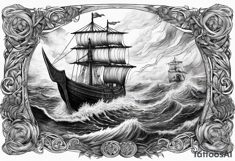 Norse mythology, ultra realism, Viking ships, war, battle, storm, chaos, detailed tattoo idea