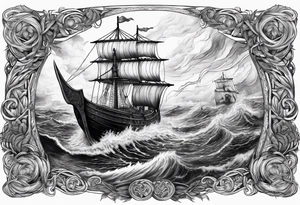 Norse mythology, ultra realism, Viking ships,  war, battle, storm, chaos,  detailed tattoo idea