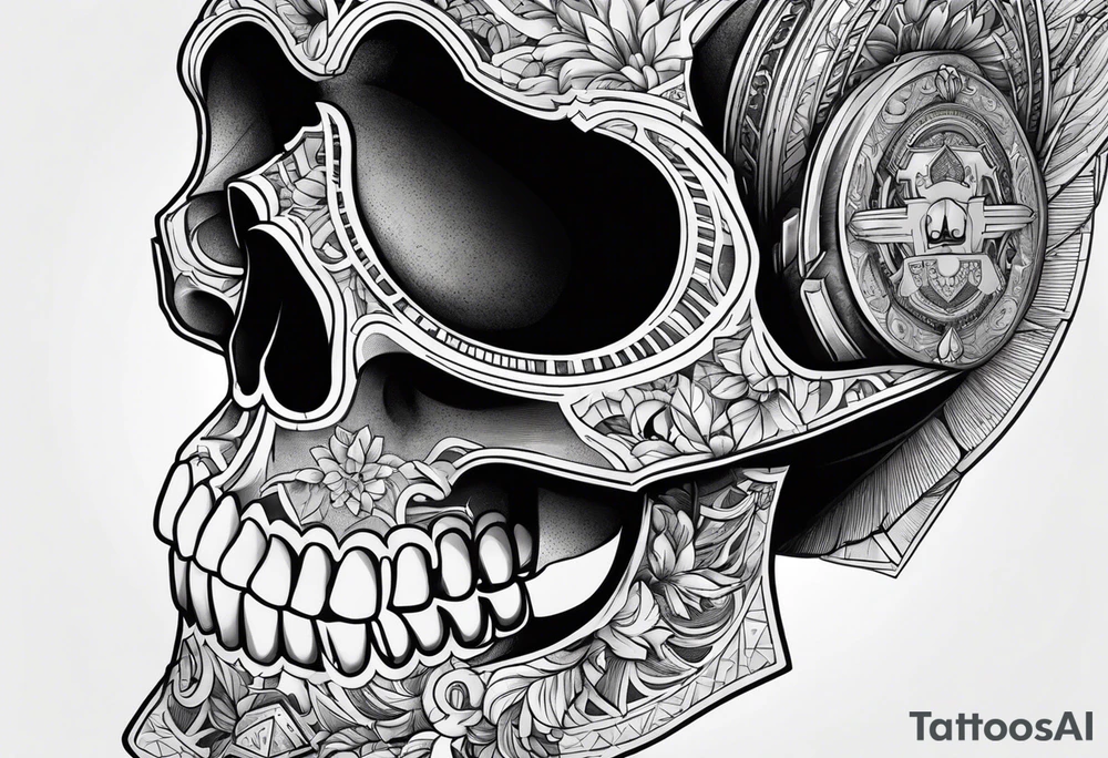 Forearm tattoo skull head with money in one eye, all tattoo angry, tattoo idea