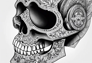 Forearm tattoo skull head with money in one eye, all tattoo angry, tattoo idea