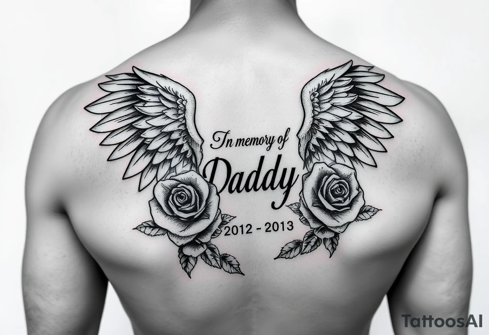 In memory of daddy angel wings and roses with dates tattoo idea
