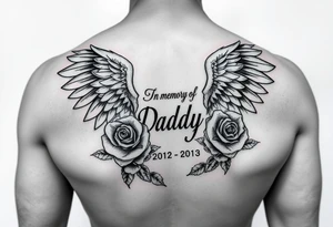In memory of daddy angel wings and roses with dates tattoo idea