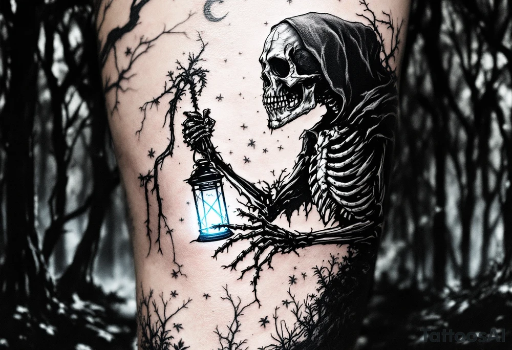 A skeletal Reaper holding a lantern glowing with soft blue light inside a haunted forest. tattoo idea