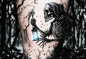 A skeletal Reaper holding a lantern glowing with soft blue light inside a haunted forest. tattoo idea
