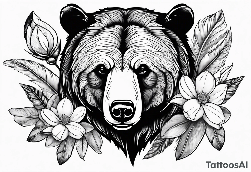 Bear head with magnolia flowers and feather for her son tattoo idea