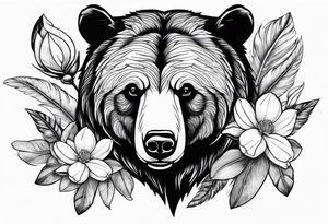 Bear head with magnolia flowers and feather for her son tattoo idea