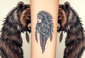 Indigenous, Majestic, and Powerful male Goliath Grizzly Bears guarding a Magestic and Powerful Raven haired Warrior Squaw tattoo idea