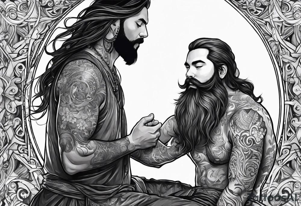 mindful father with long hair and a beard performing transition ritual with young boy tattoo idea