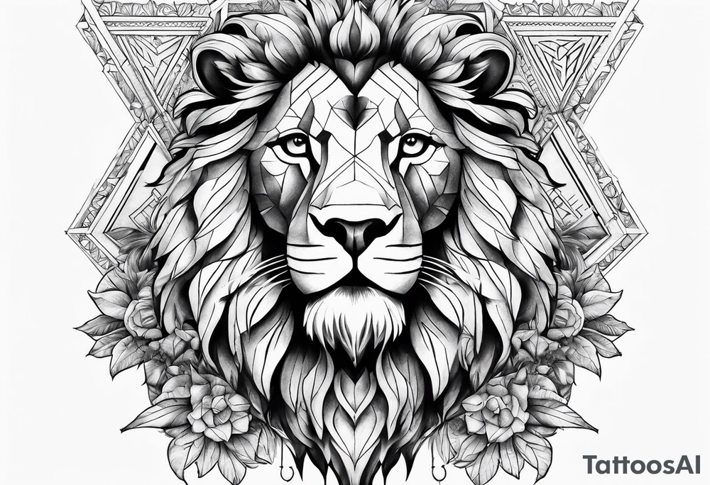 Chest piece with a lion standing over a crowd of angles tattoo idea