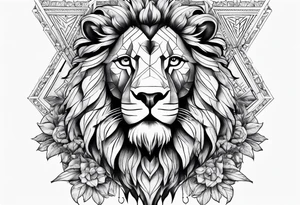 Chest piece with a lion standing over a crowd of angles tattoo idea