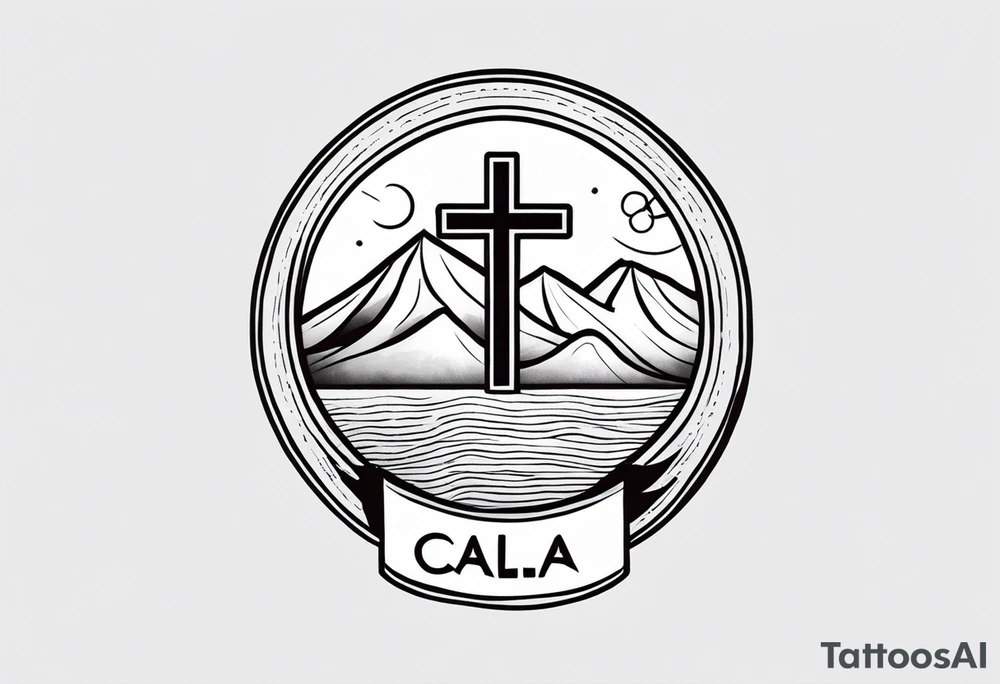 Cross with Mountains and the word "Cala" that is simple and small tattoo idea