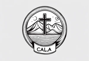 Cross with Mountains and the word "Cala" that is simple and small tattoo idea