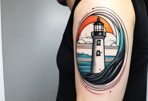 lighthouse fluid lines and circle framed, colored a bit realistic tattoo idea