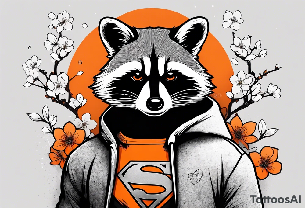 raccoon wearing a black and white Superman hoodie and orange Japanese cherry blossoms tattoo idea