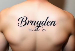 Brayden  name tattoo on forearm with dob 08/30/25 mother son dedicated female tattoo idea