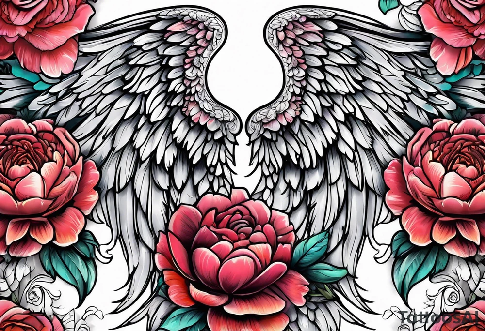 beautiful angel wings with floral peonies, roses, neon, brightly colored. highly detailed, tattoo idea